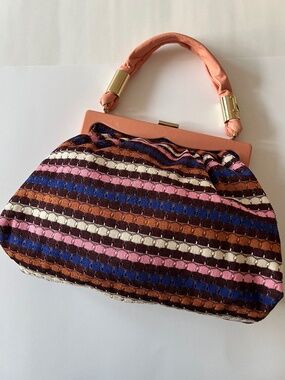 Missoni Signature Knit Clutch Bag Multicolor Striped Pink Handle Gold Frame